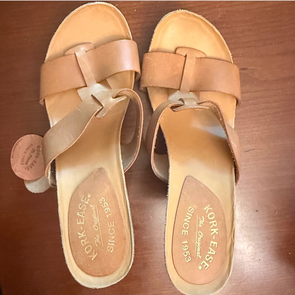Kork-Ease Leonor sandals womens 9 US block heels leather brown tan cork slide